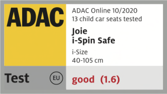 Clasificación y certificado ADAC para la silla de coche infantil Joie i-Spin Safe.