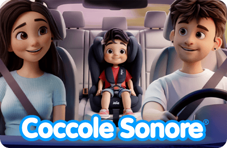 Disegno animato di mamma e papà in macchina con il loro bimbo seduto dietro in un seggiolino Joie