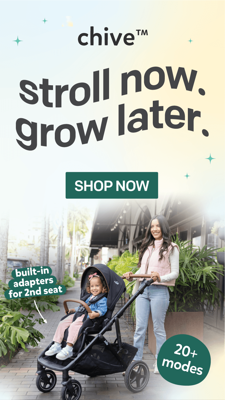 Mother with baby secured in chive singe-to-double stroller in shale calling out 20+ modes and built-in adapters for second seat