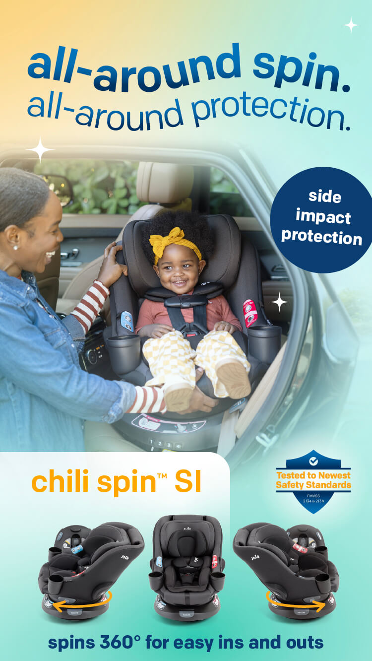 Mother with baby secured in chili spin si joie car seat showing 360 rotation capabilities