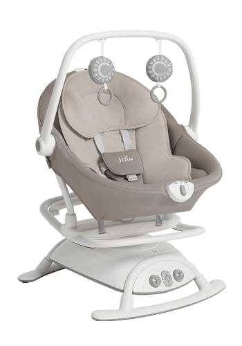 Joie Cinnamon baby swing in beige, shown at an angle