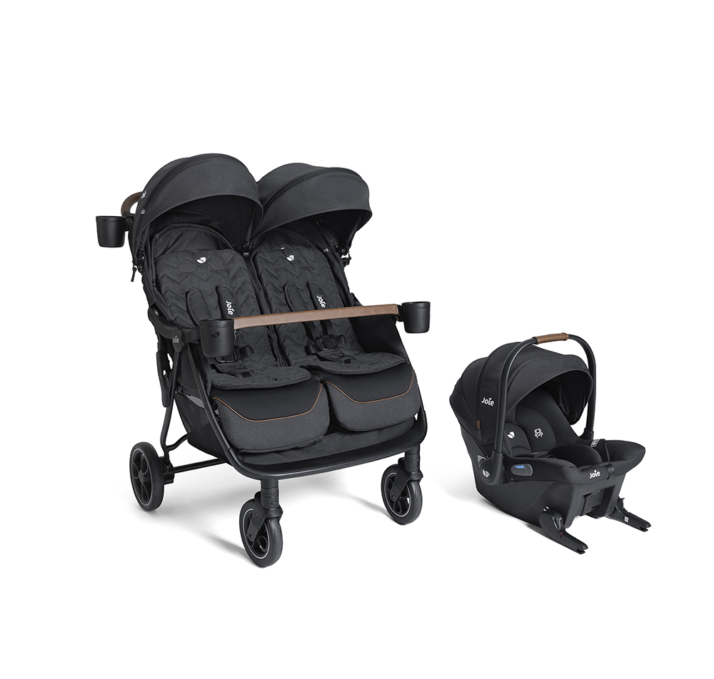 Rosemary lx in and mint latch in shale on white background double stroller travel system