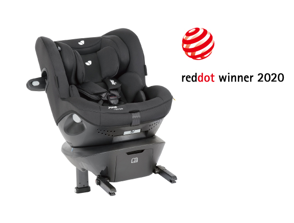 A gray Joie Signature i-Harbour car seat at an angle facing to the right, with the Red Dot Design award logo above and to the right